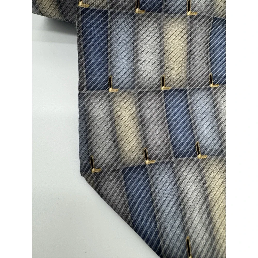 Bill Blass Black Label Silk Tie Gray Blue Geometric Check Pattern USA‎ Made
